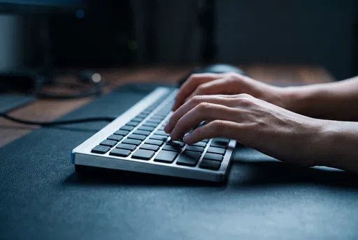 Hands Typing on Slim Aluminum Keyboard