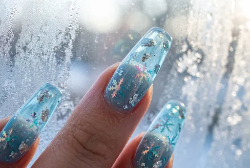 Translucent Blue Winter Nails With Snowflakes