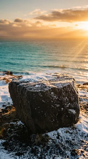 Snowy Volcanic Boulder by Sunset Ocean