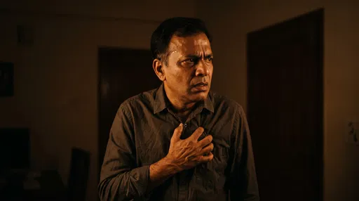 Anxious Man Clutching Chest in Dark Room