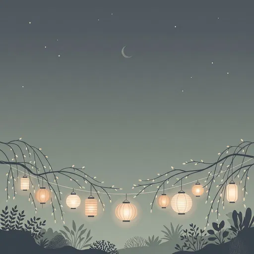 Evening Garden With Glowing Paper Lanterns