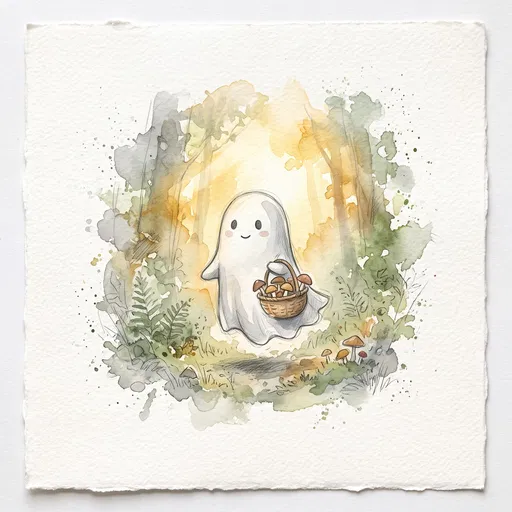 Watercolor Ghost Carrying Basket of Forest Mushrooms