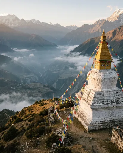 Himalayan Stupa Overlooking Misty Mountain Valley