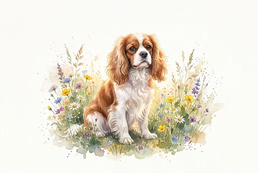 Watercolor Cavalier Spaniel in Wildflowers