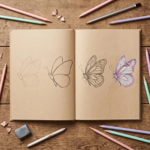Butterfly Drawing Progression in Open Sketchbook