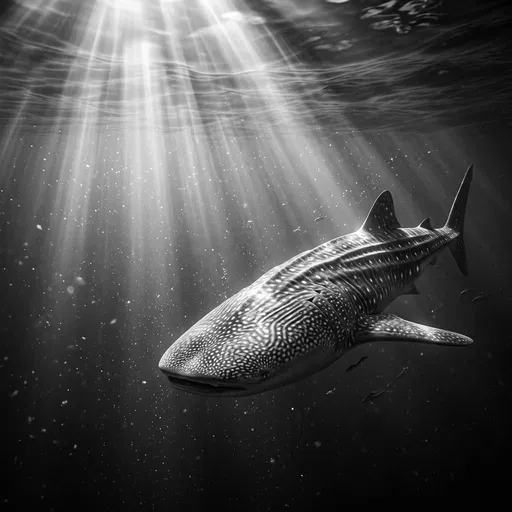 Monochrome Whale Shark Under Ocean Sunbeams