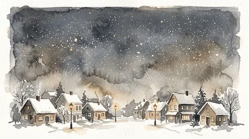 Watercolor Snowy Village at Night