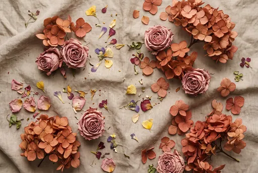 Dried Roses and Hydrangeas on Linen