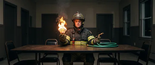 Stoic Firefighter Holding Flaming Birthday Cupcake
