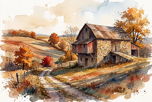 Watercolor Autumn Stone Barn Landscape