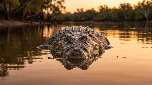 Crocodile Floating in Sunset River