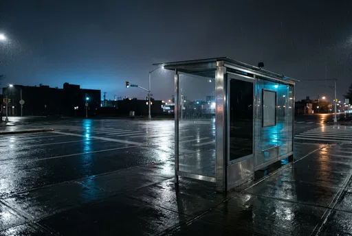Empty Bus Shelter on Rainy Night