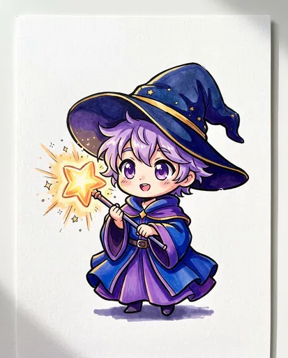 Chibi Mage Holding Glowing Star Wand