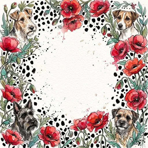 Watercolor Terrier and Poppy Border Frame