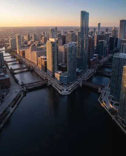 Aerial View of Chicago River Convergence