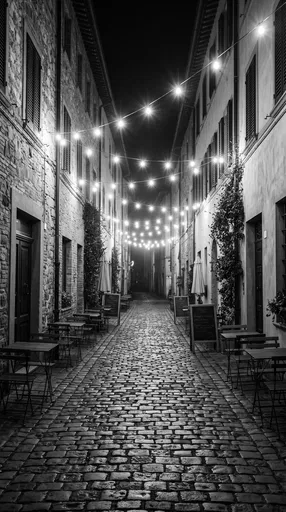 Monochrome Cobblestone Cafe Alley at Night