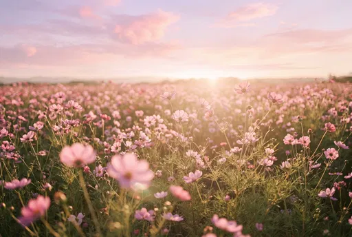 Pastel Pink Cosmos Meadow at Sunset
