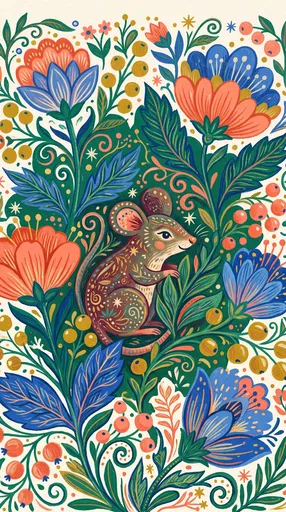 Folk Art Mouse Among Vibrant Botanicals