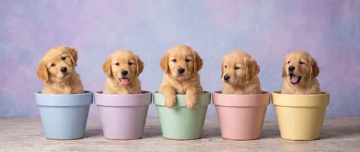 Five Golden Retriever Puppies in Pastel Pots
