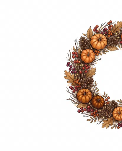 Illustrated Autumn Pumpkin and Berry Wreath Border