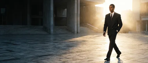 Businessman Walking Across Sunlit Plaza