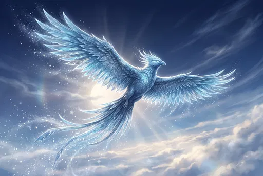 Celestial Frost Phoenix Soaring in Sky