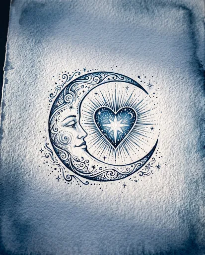 Blue Ink Crescent Moon and Heart