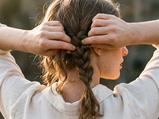 Woman Braiding Hair in Sunlight