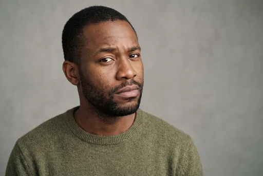 Skeptical Man in Olive Sweater Portrait