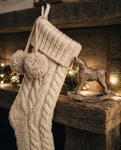 Cream Knit Stocking and Wooden Rocking Horse