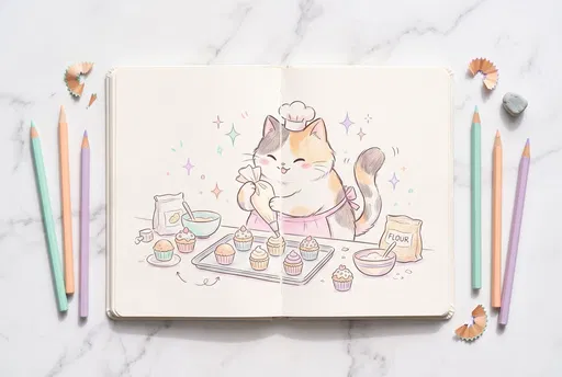 Cute Baker Cat Sketchbook Flat Lay