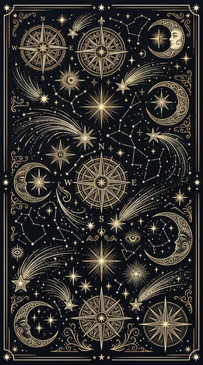 Gold Celestial Tattoo Flash Sheet Illustration