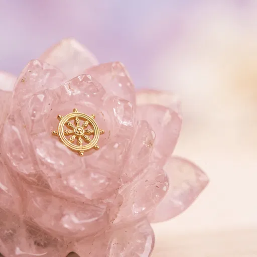Golden Dharma Wheel in Rose Quartz Lotus
