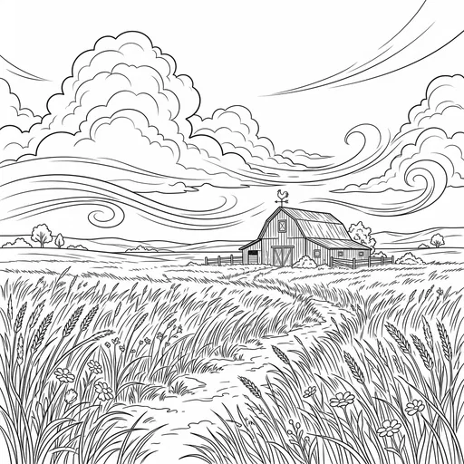 Prairie Barn and Wind Coloring Page