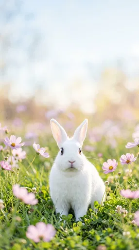 White Rabbit in Pink Flower Meadow