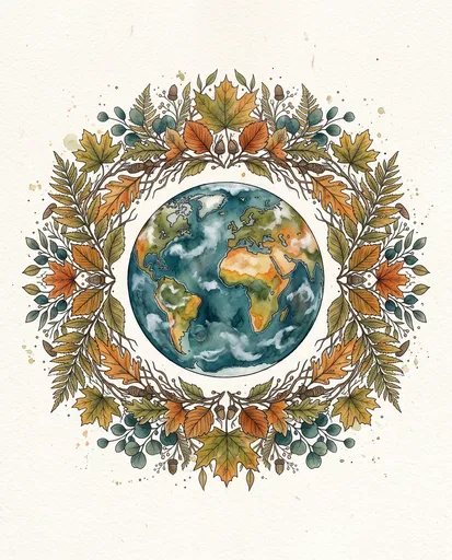 Watercolor Earth in Autumn Botanical Wreath