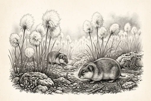 Vintage Ink Illustration of Two Tundra Lemmings