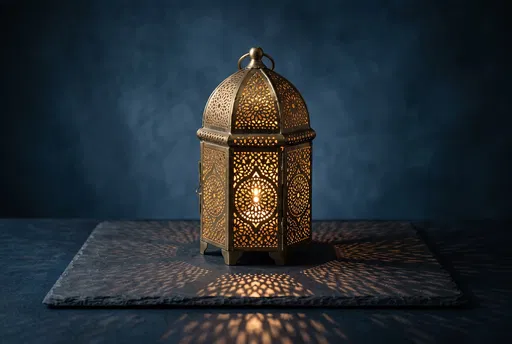 Glowing Moroccan Brass Lantern on Slate