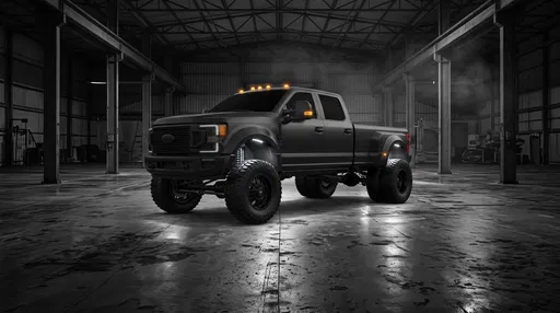 Matte Black Lifted Dually Truck in Warehouse