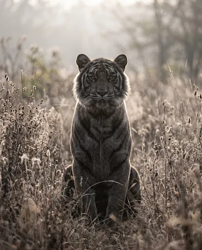 Backlit Black Tiger in Tall Grass