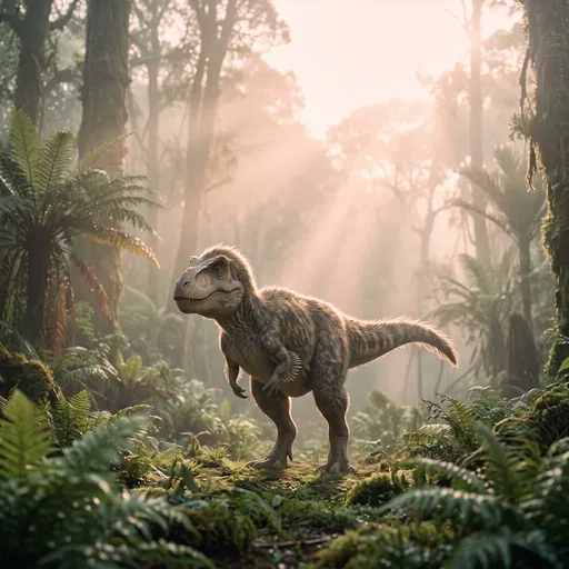 Feathered Juvenile T-Rex in Misty Forest