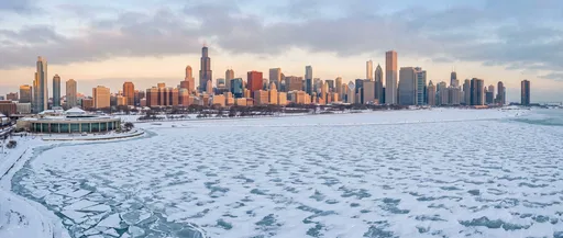 Frozen Lake Michigan and Chicago Winter Skyline