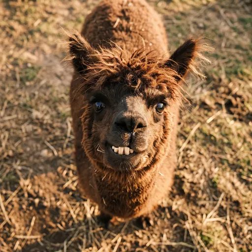 Brown Alpaca Looking Up With Goofy Grin