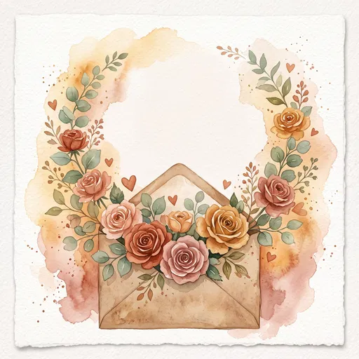 Watercolor Envelope With Roses and Hearts