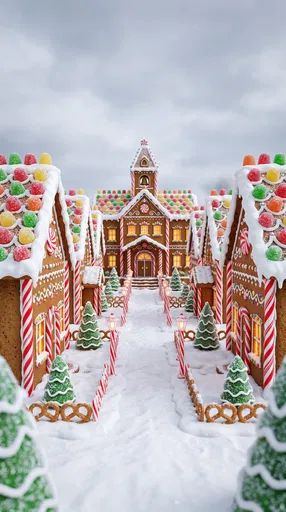Symmetrical Gingerbread Village in Snow