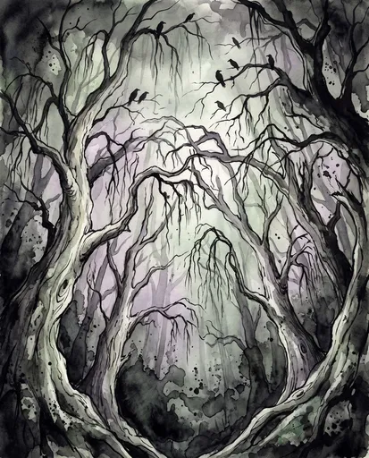 Gothic Watercolor Twisted Forest With Ravens