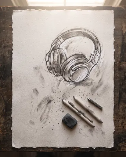 Graphite Sketch of Headphones on Textured Paper