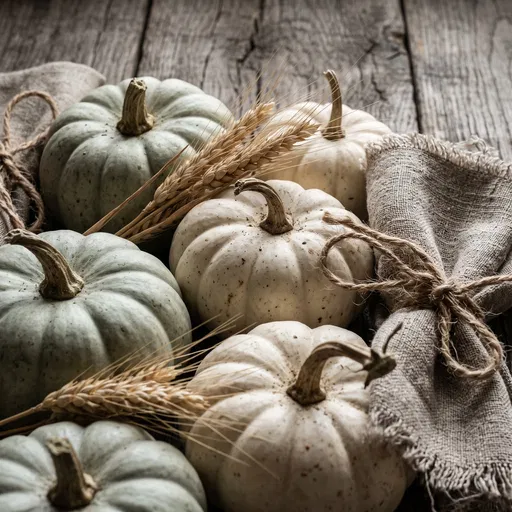 White and Sage Pumpkins with Wheat