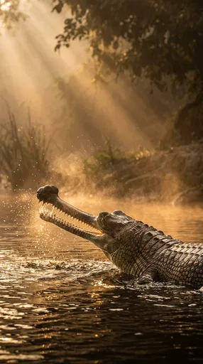 Gharial Emerging in Golden Morning Mist