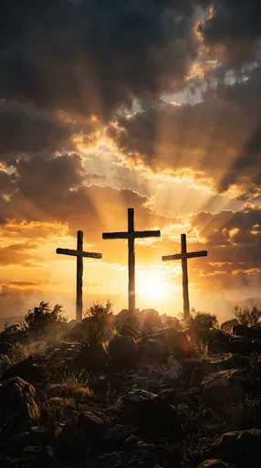 Three Crosses on Rocky Hilltop at Sunrise